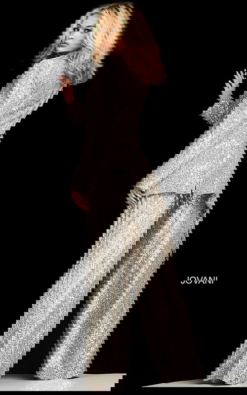 Rear view of model wearing Jovani 04904 sequin outfit.