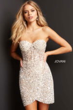 Model showcasing Jovani 04914 nude sequin cocktail dress, front.