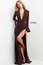 model in Jovani 04965 purple gown with high slit and bell sleeves
