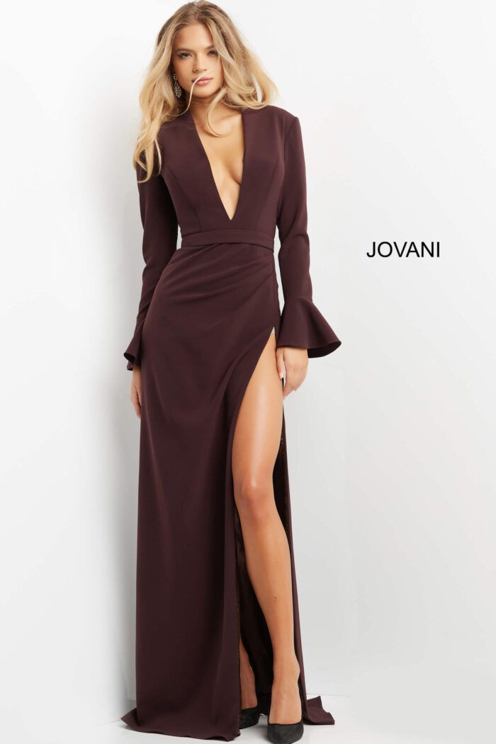 model wearing Jovani 04965 purple gown with deep V-neckline and high slit