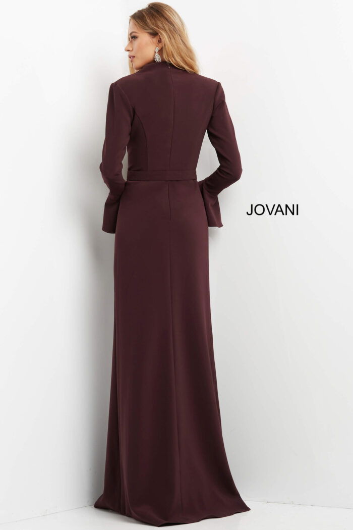 back view of Jovani 04965 purple gown with long sleeves
