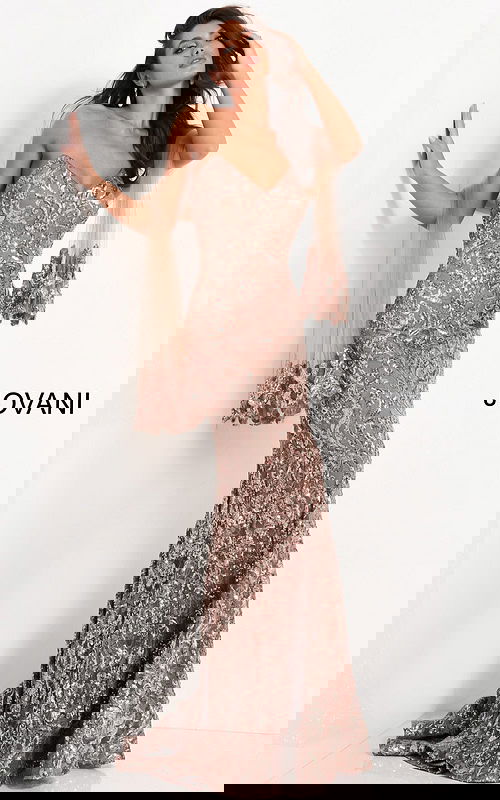 Model wearing Jovani 05054 elegant mermaid dress with sweetheart neckline and sequined details.