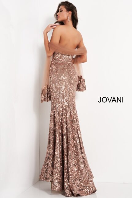 Back view of model in Jovani 05054 mermaid gown with elegant sequin embellishments.