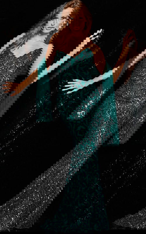 Model wearing Jovani 05054 in green, front view with elegant sequin detailing.