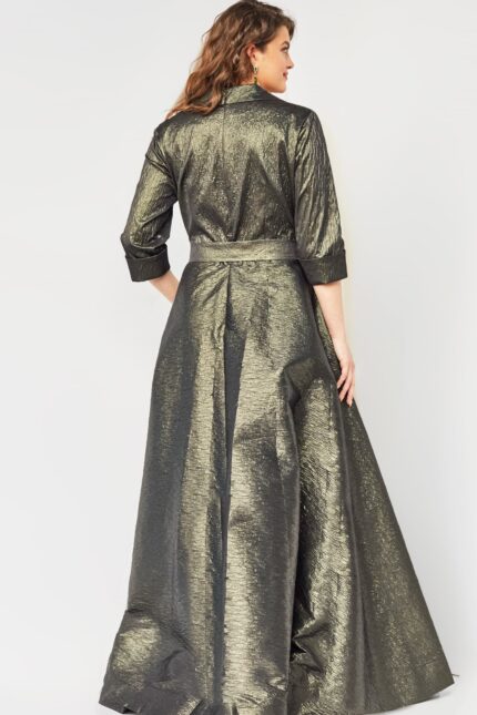 Model wearing Jovani 05075 dress from the back, flaunting an elegant floor-length design.