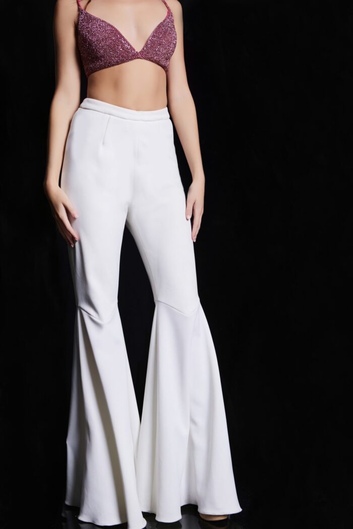 Jovani 05308 ensemble shown from the front, featuring a white flared pants and beaded top.