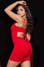 model wearing Jovani 05513 red mini dress with close-up front view