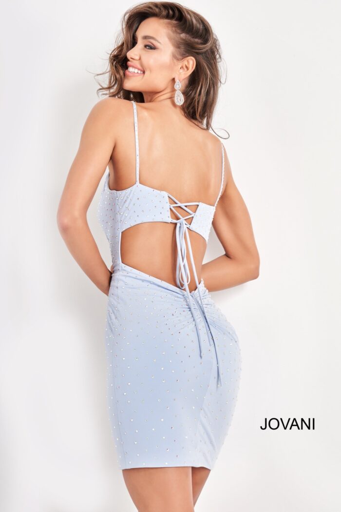 model wearing Jovani 05513 back view of light blue dress with open back and lace-up details