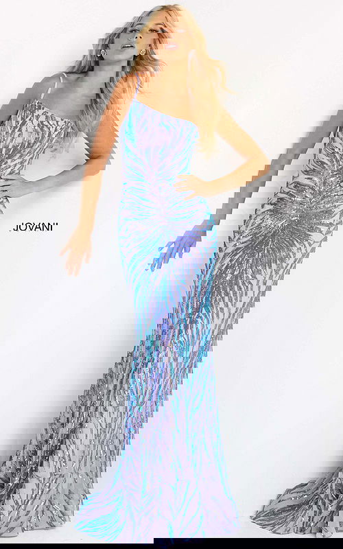 model wearing Jovani 05664 in iridescent purple with sequins