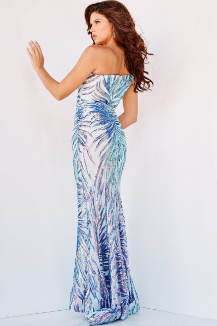 Model wearing Jovani 05664 One Shoulder Sequin Embellished Dress