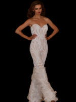 model wearing Jovani 05669 white jumpsuit with feather detail