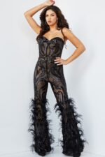 model wearing Jovani 05669 black jumpsuit with feather detail