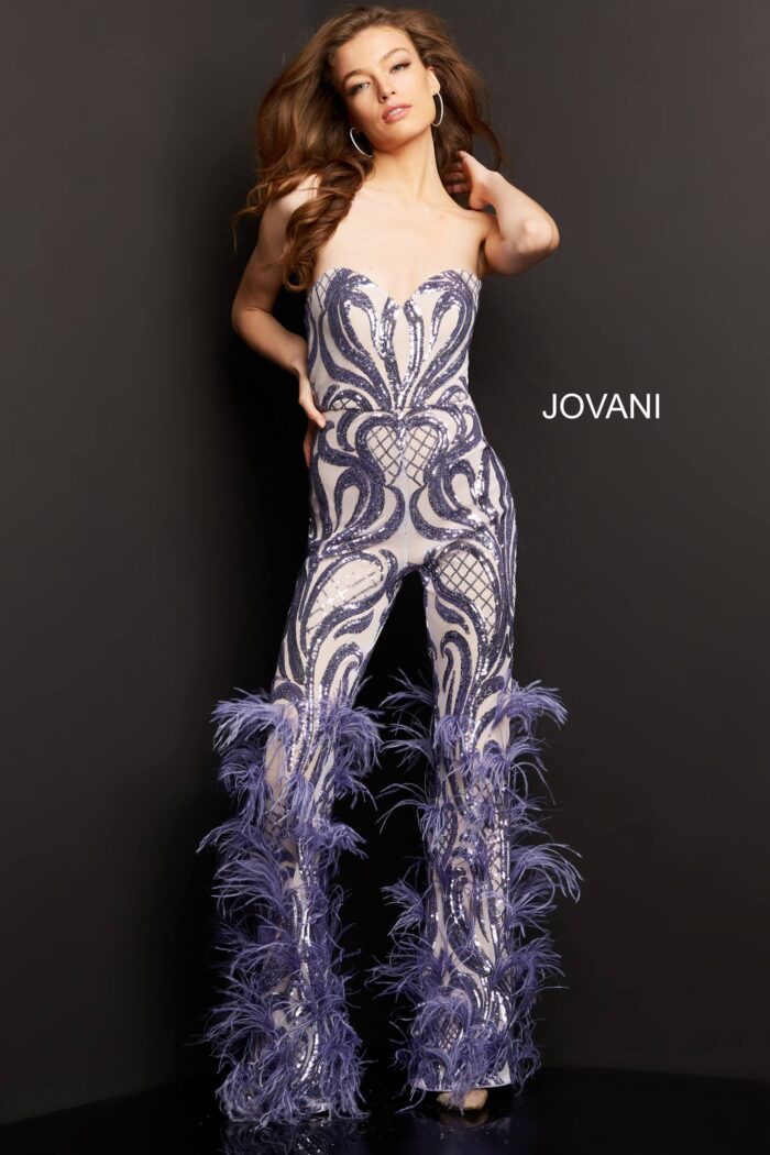 model wearing Jovani 05669 lilac jumpsuit with feather detail