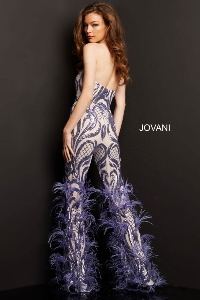 model showing back of Jovani 05669 lilac jumpsuit