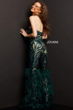model showing back of Jovani 05669 green jumpsuit