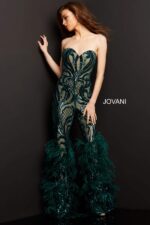 model wearing Jovani 05669 green jumpsuit with feather detail