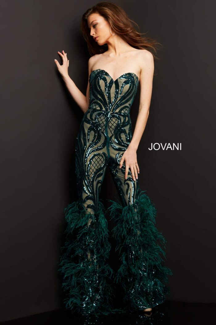 model wearing Jovani 05669 green jumpsuit with feather detail