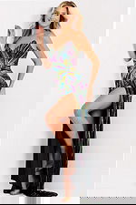 Strapless rainbow sequin gown with high slit 48564