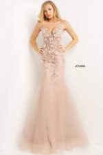 Model highlighting Jovani 05839 mermaid gown in periwinkle, front showcase.