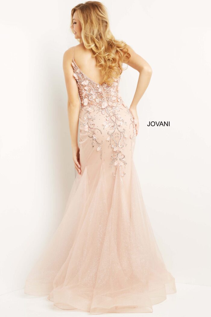 Showcase back view Jovani 05839 model in elegant periwinkle gown.