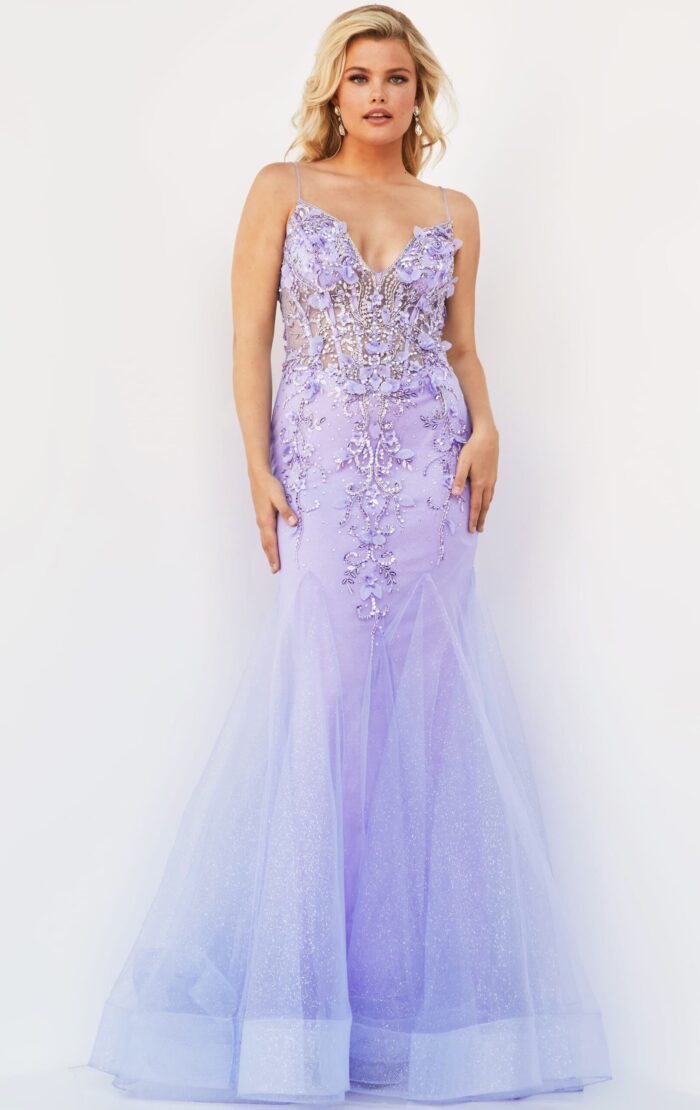 Detailed front view of Jovani 05839 on model in mermaid gown, periwinkle.
