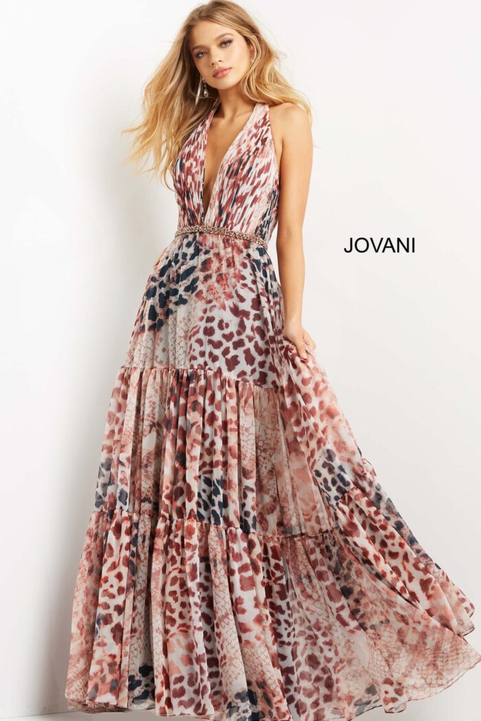 Front view of Jovani 06088 showcasing its flowing tiered skirt and vibrant print.