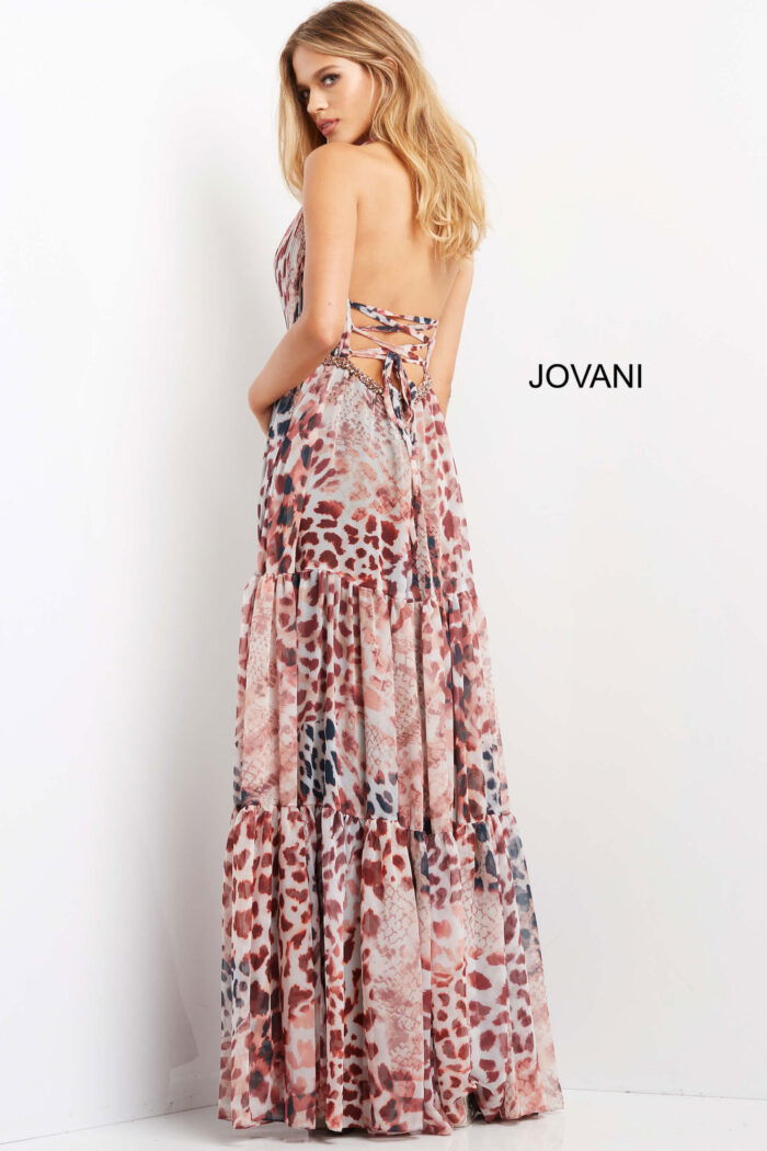 Back view of Jovani 06088 dress showing off the open back and lace-up design.