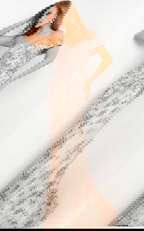 model wearing 06169 off-the-shoulder café dress with floral details