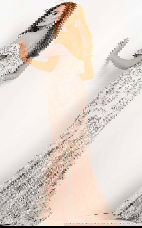 back view of model wearing 06169 café dress with floral details