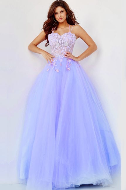 Model wearing Jovani 06207 lilac ball gown with sweetheart neckline and floral appliques.