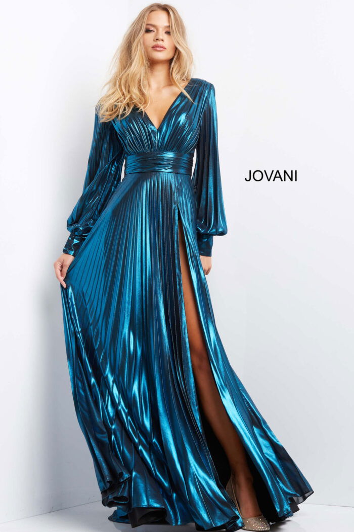 model wearing Jovani 06221 blue pleated gown with V-neckline and high slit