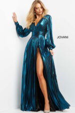 model wearing Jovani 06221 blue pleated gown with V-neckline and high slit