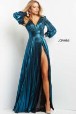 model wearing Jovani 06221 blue pleated gown with V-neckline and high slit