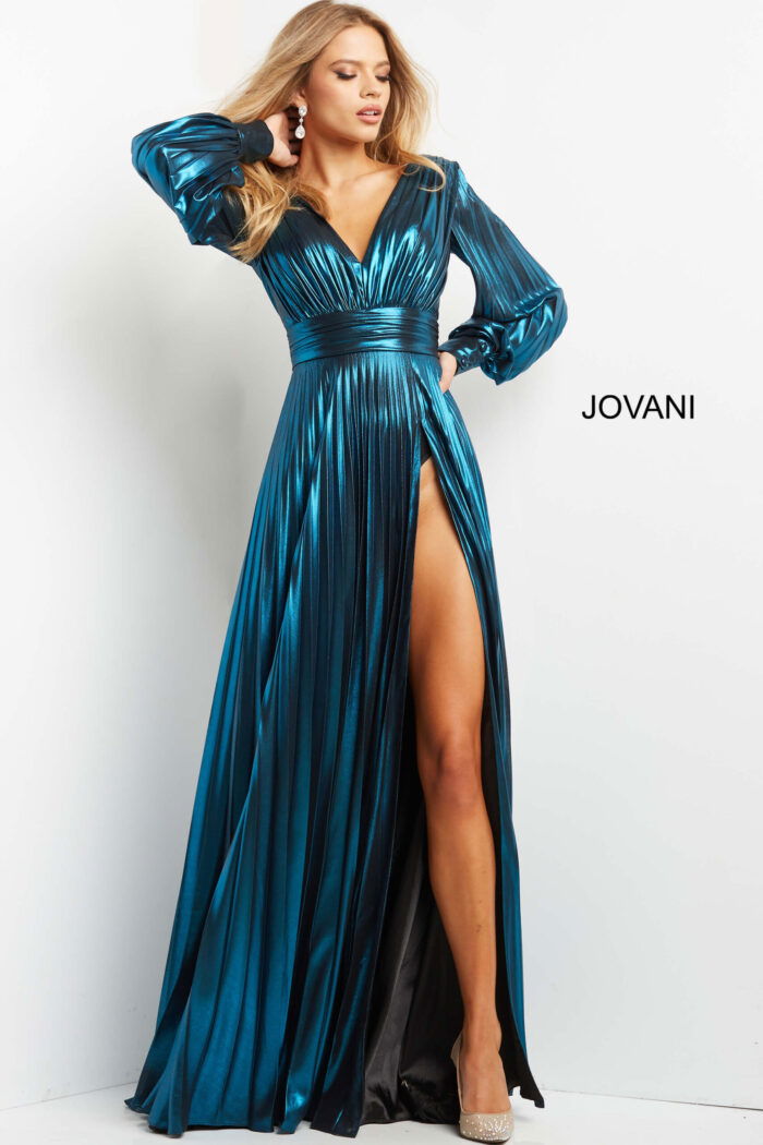 model wearing Jovani 06221 blue pleated gown with V-neckline and high slit