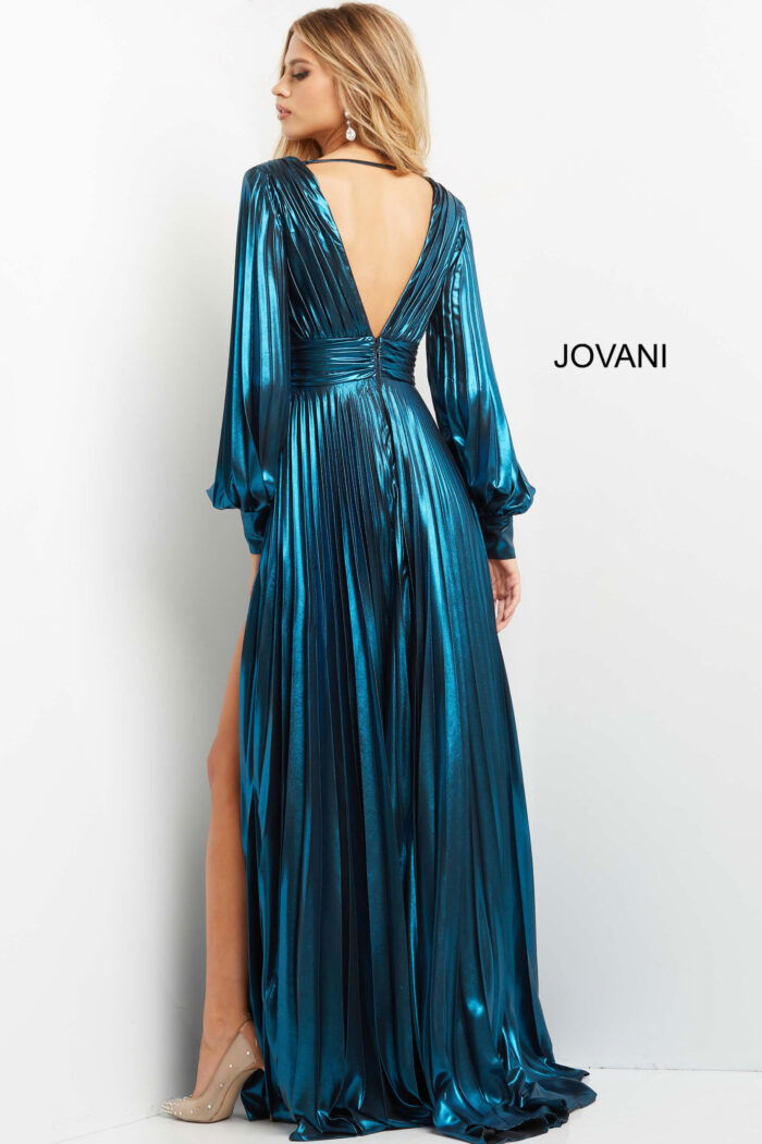 back view of Jovani 06221 blue pleated gown with open back