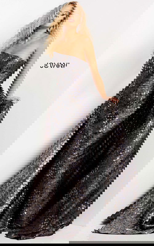 Model wearing Jovani 06255 gray gown with sweetheart neckline and A-line silhouette from the front.