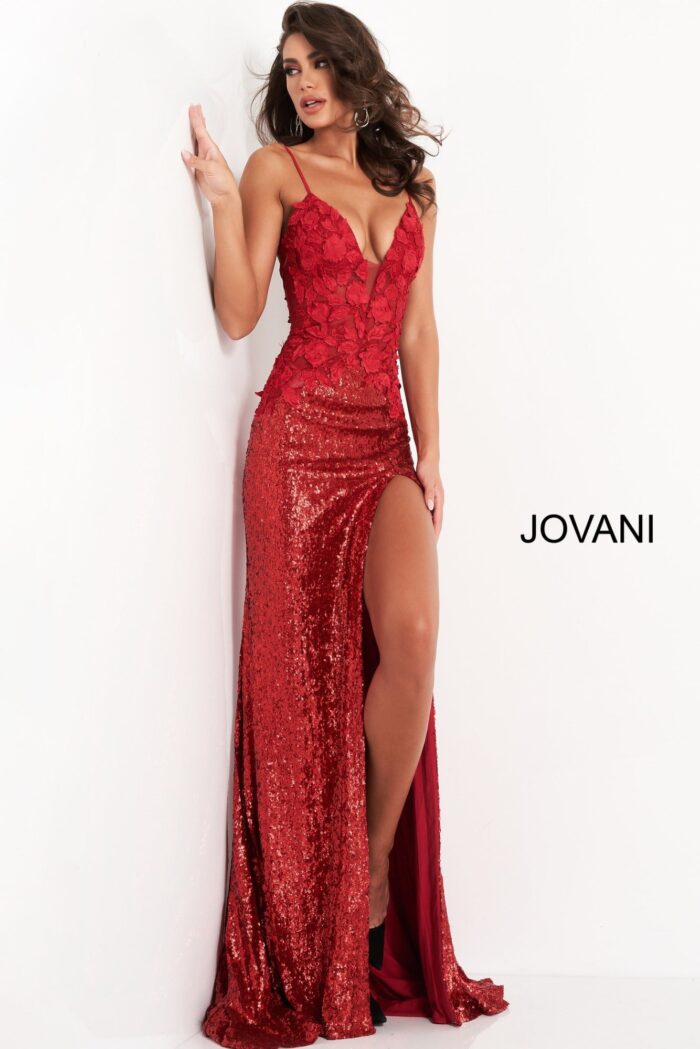 Model wearing Jovani 06426 red gown with high slit and floral bodice, full-length view.