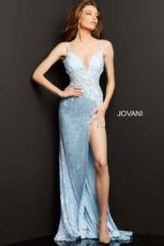 Model wearing Jovani 06426 light blue gown, detailed front view with floral bodice.
