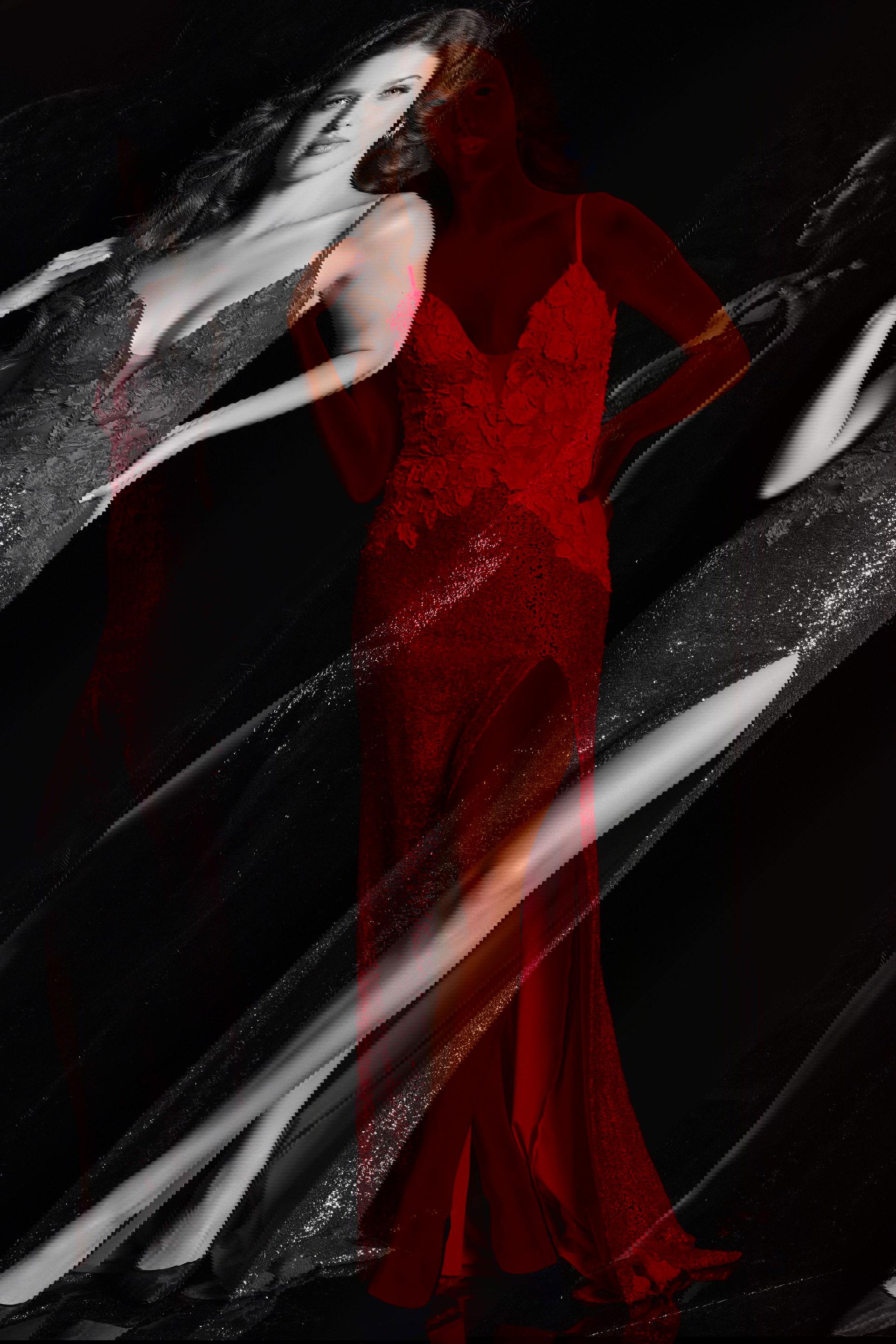 06426_1.jpg model wearing Jovani 06426 red gown with high slit and floral details