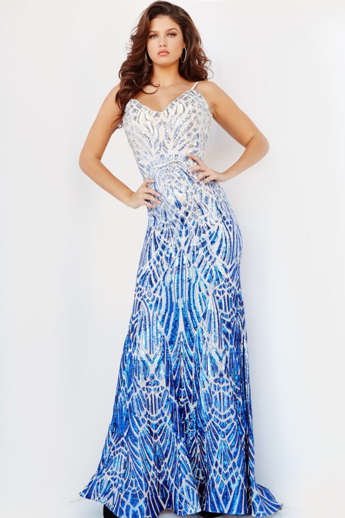 Model in Jovani 06450 royal gown back view