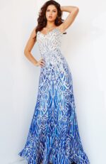Model front-facing in Jovani 06450 royal gown
