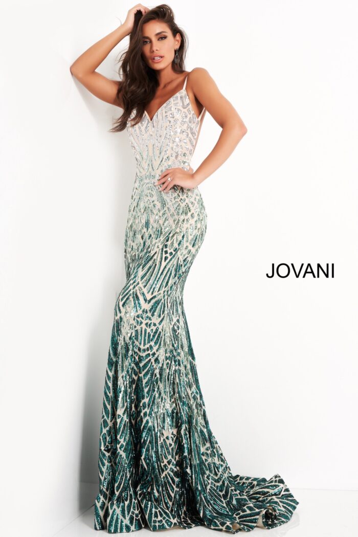 Model showcasing Jovani 06450 silver gown front view
