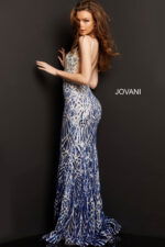 Model wearing Jovani 06450 silver gown side view