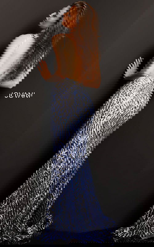 Back view of model wearing Jovani 06450 dress in silver.