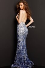 Model showcasing Jovani 06450 silver gown side view