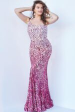 Model in Jovani 06469 pink gown with scoop neckline and intricate patterns, front view.