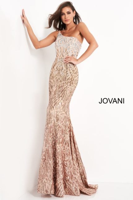 Model wearing Jovani 06469 silver floor-length sequined dress front view