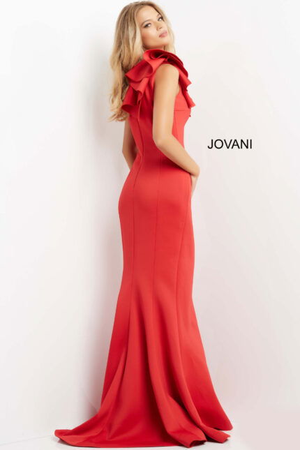 model in Jovani 06603 red gown from back with graceful silhouette