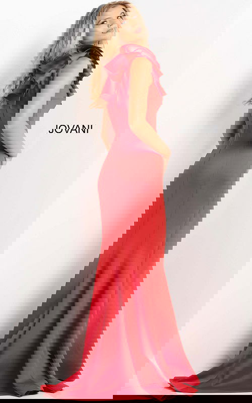 model in Jovani 06603 red gown from back with graceful silhouette