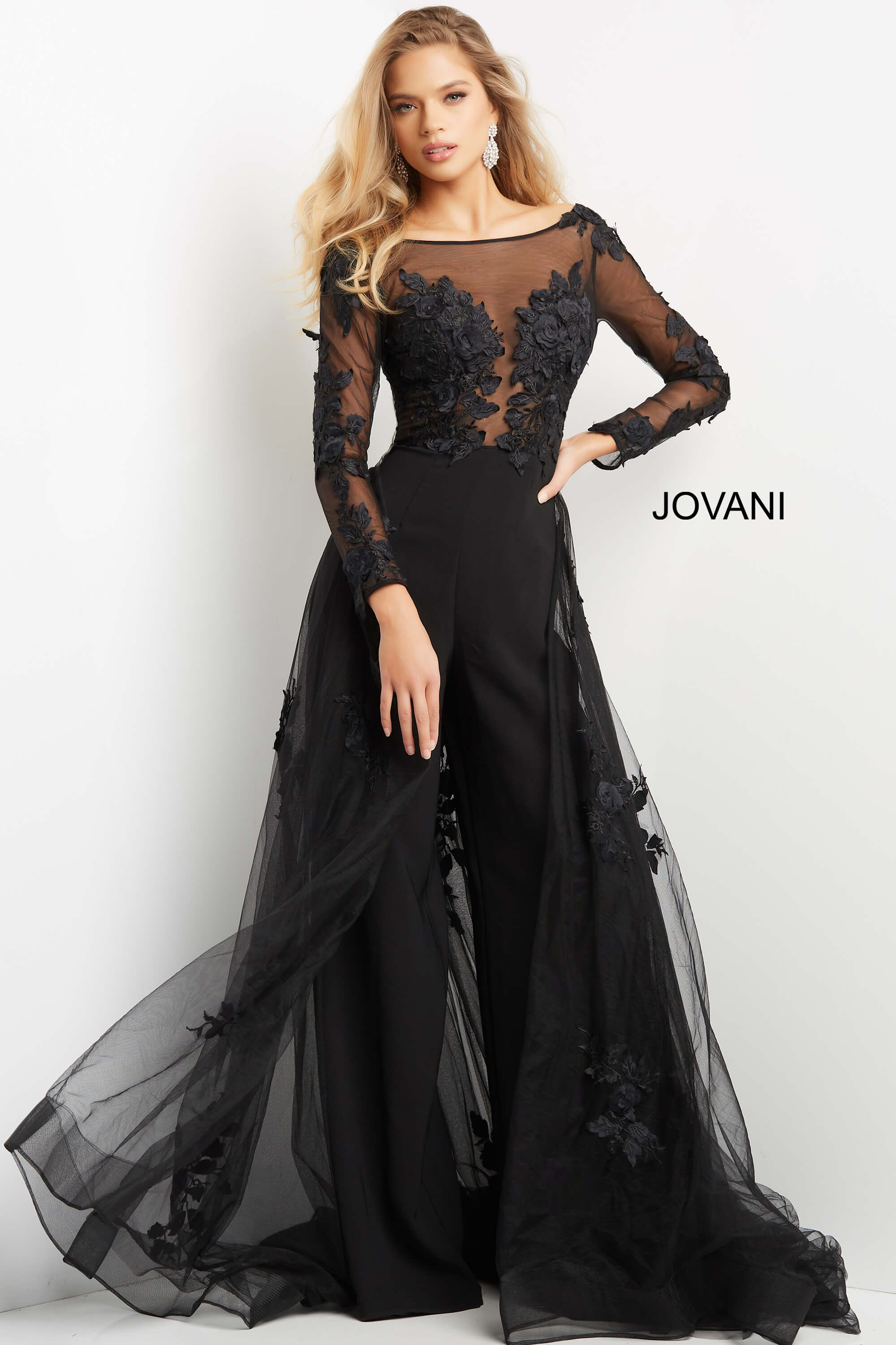 06609-Black-205.jpg model wearing Jovani 06609 black gown, close-up of lace appliques